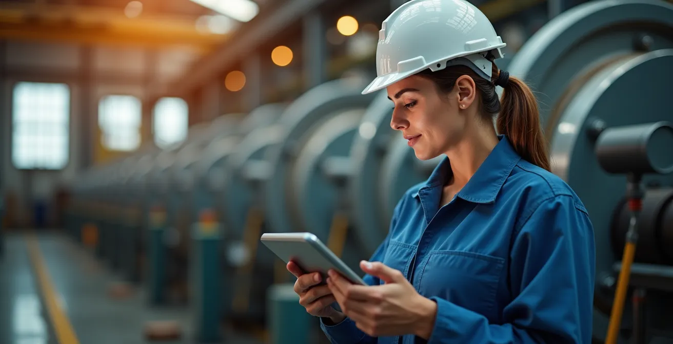 Técnico de mantenimiento analizando datos predictivos en tablet en entorno industrial