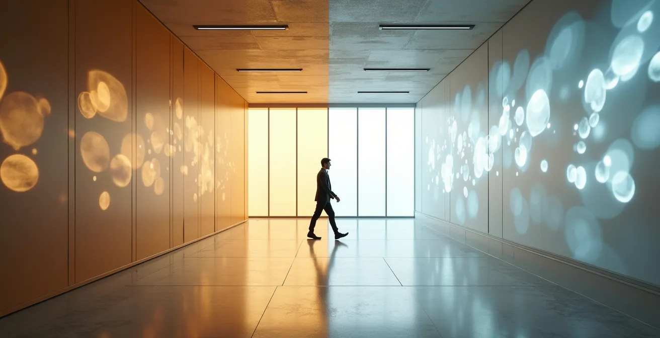 Contraste visual entre espacios de trabajo tradicionales y modernos separados por una línea de luz